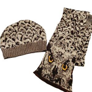Green 3 Knit Scarf Owl 64x5" & Brown Knit Hat Beanie Brown Tan
